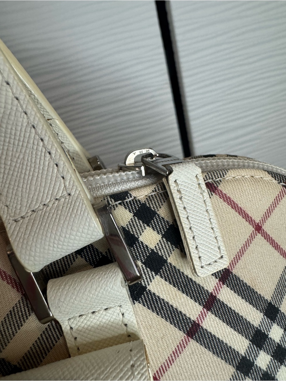 Beige Check Satchel with Cream Leather Trim - Picture 5 of 16